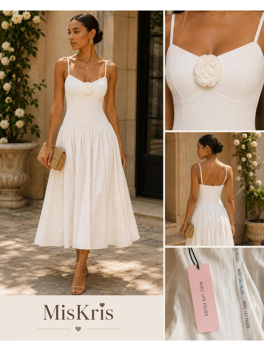 NWT Avec Les Filles White Rosette Knit Poplin Midi Dress Size Small